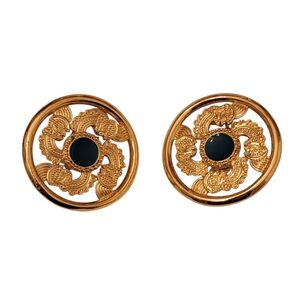 VTG CCORI Designer Etruscan Style Peruvian Dark Blue & Goldtone Clip-On Earrings